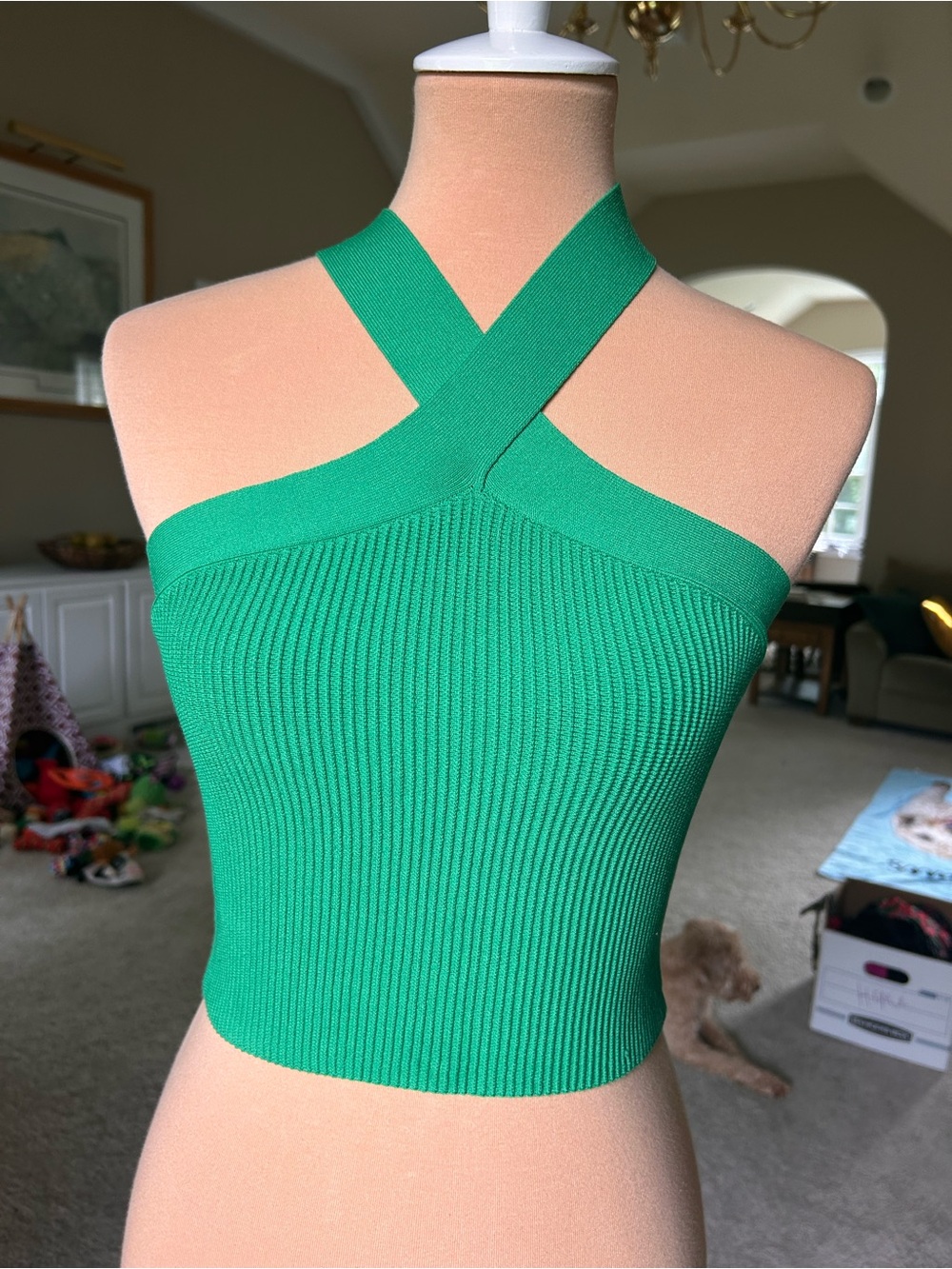 Babaton Emerald Ribbed Cross-Halter Crop Top